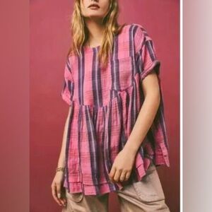 Free People Moon City Plaid Oversized Tunic Top Pink Women’s M